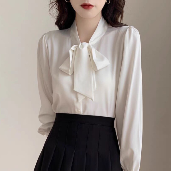 Spring Bow Shirt Women's Professional Satin Tops - Image 3